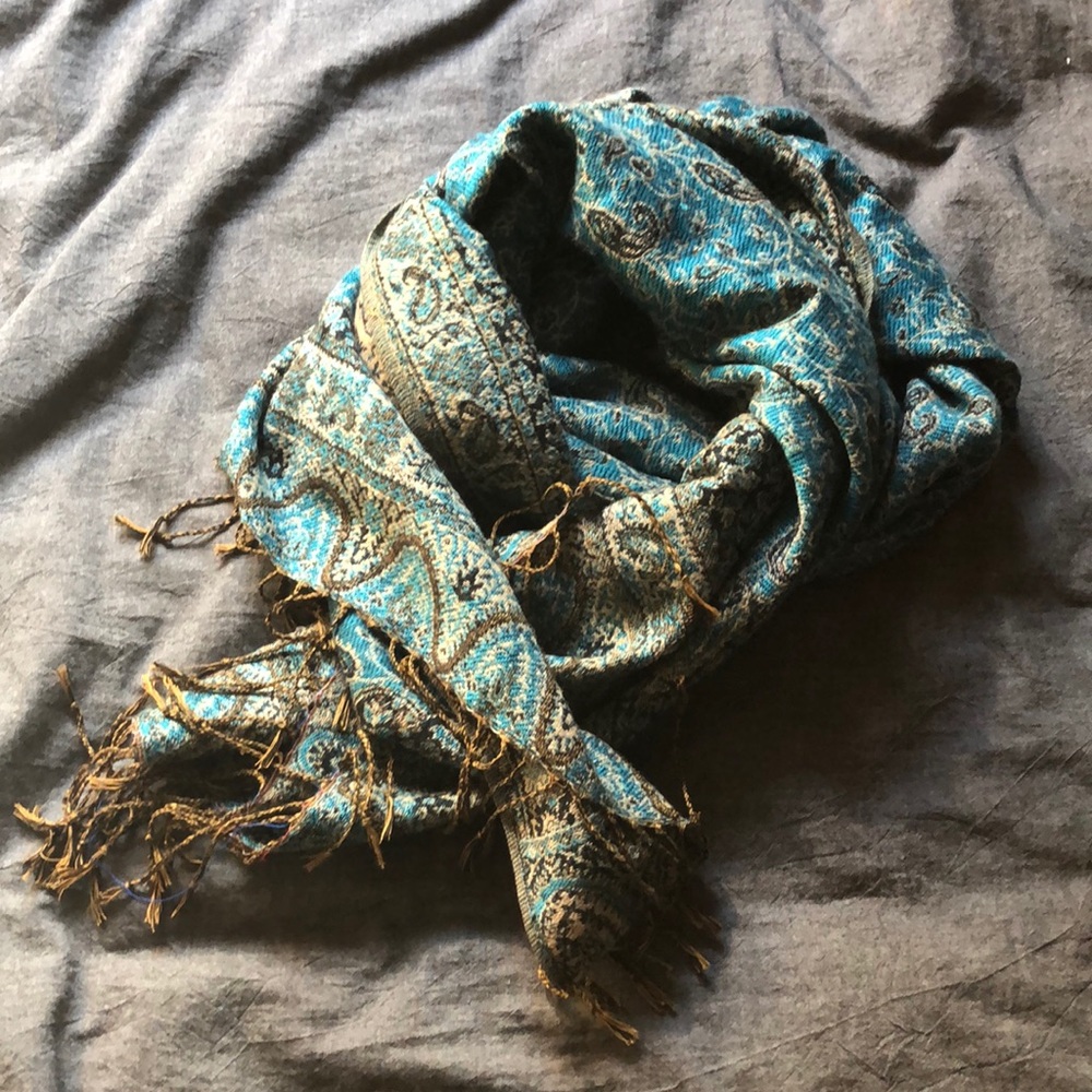 Blue and Tan Pashmina/Silk Scarf